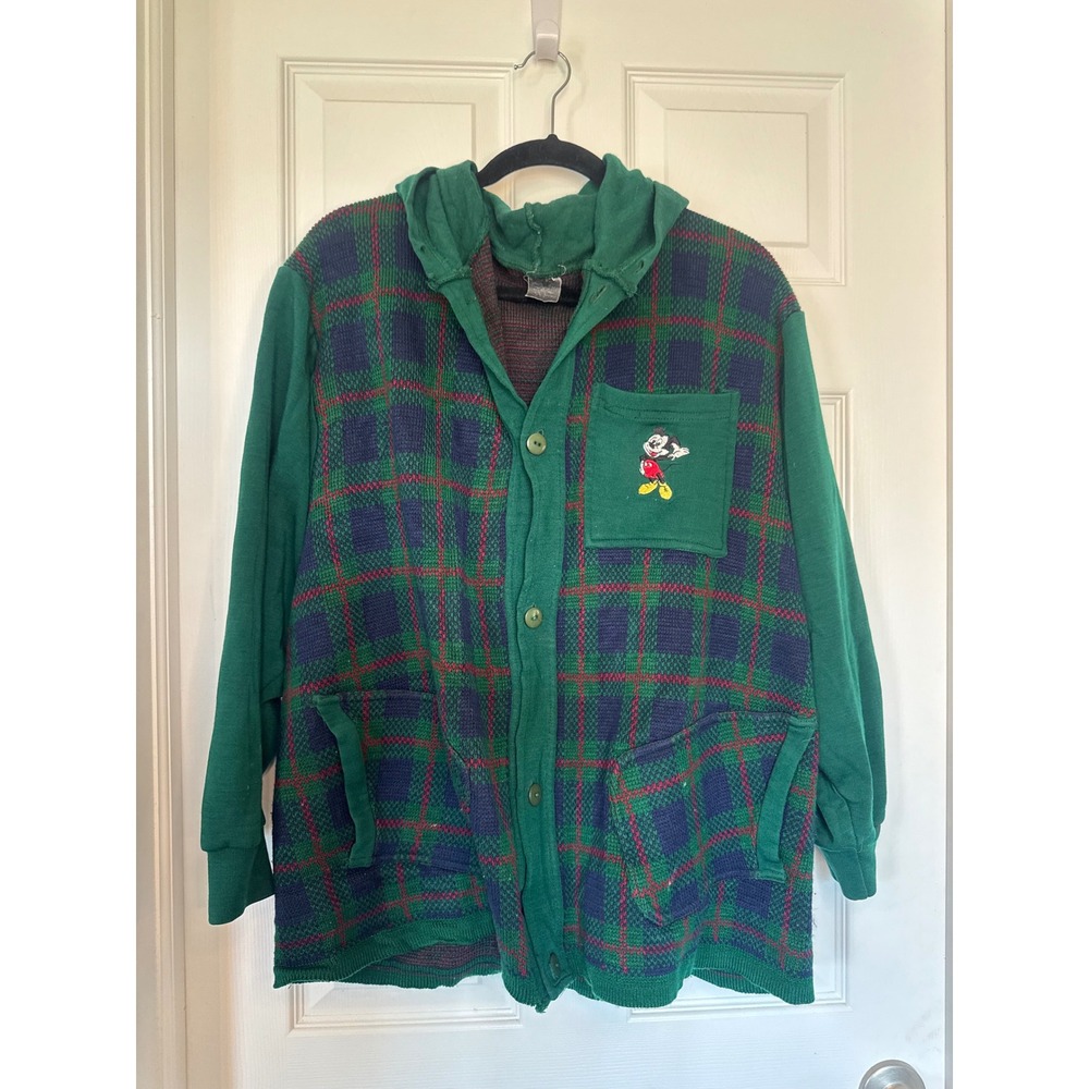 Vintage Disney Mickey Mouse Plaid Knit Hooded Cardigan Jacket Green Navy L/XL